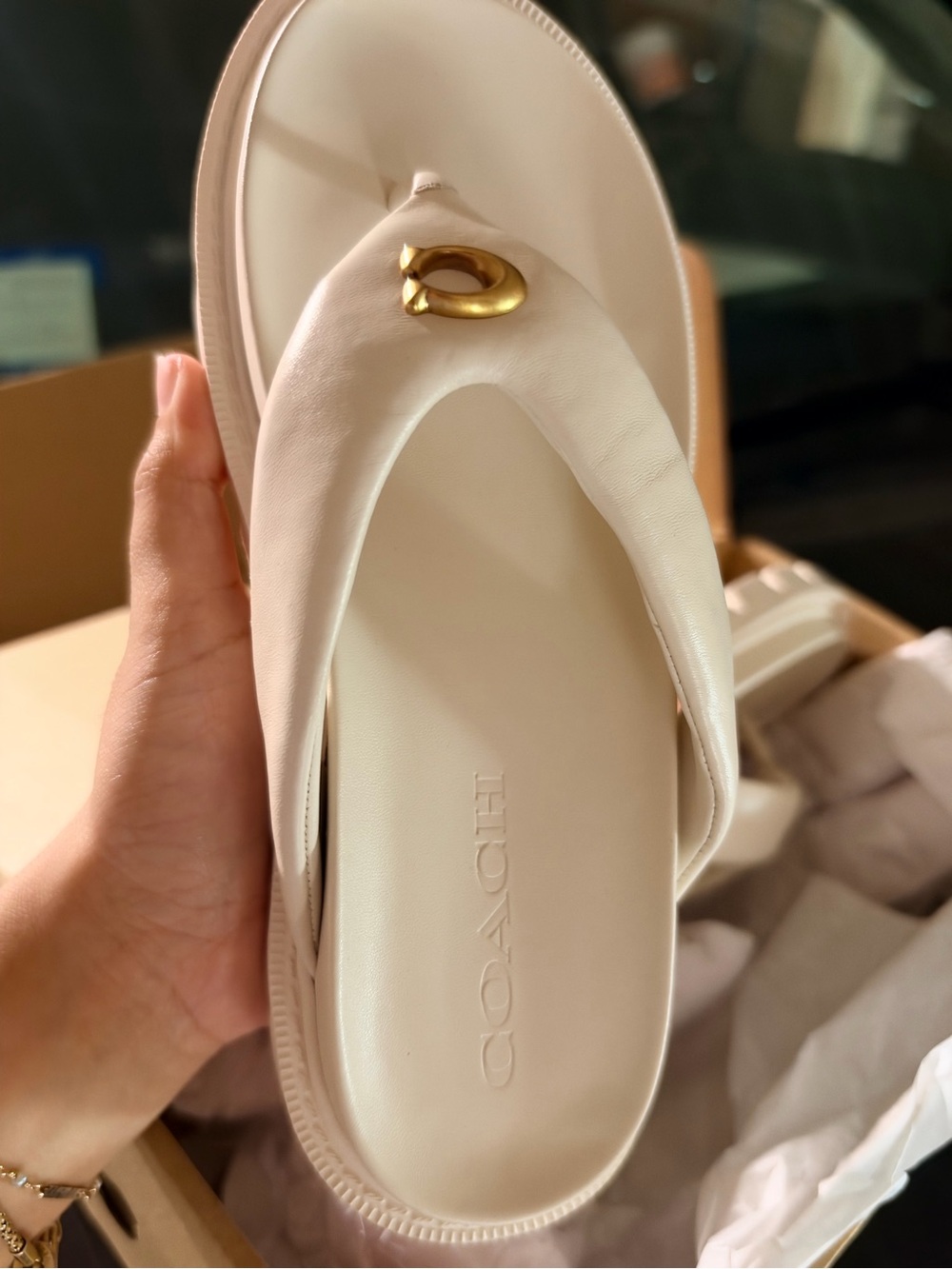 Coach Cream Leather Thong Sandal with Gold Accent